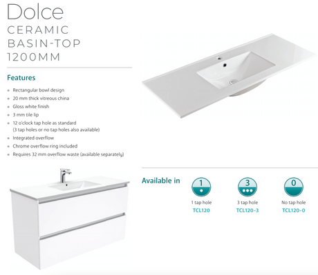 Fienza Dolce Tcl120F 1200Mm Fingerpull Wall Hung Vanity White - Special Order Units
