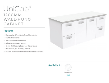 Fienza Dolce Tcl120J 1200Mm Ceramic Wall Hung Vanity With Handles White - Special Order Units