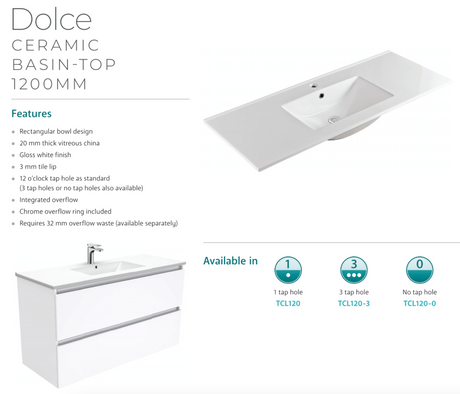 Fienza Dolce Tcl120J 1200Mm Ceramic Wall Hung Vanity With Handles White - Special Order Units