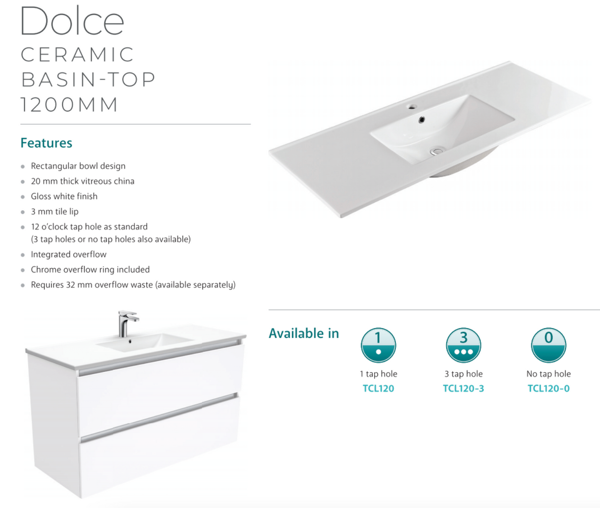 Fienza Dolce Tcl120Nkw 1200Mm Vanity With Kicker White - Special Order Units