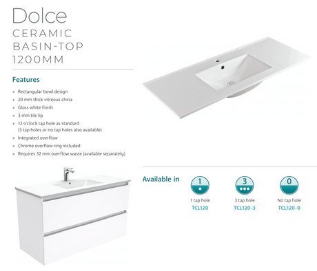 Fienza Tcl120S 1200Mm Dolce Edge Scandi Oak Wall Hung Vanity - Special Order Units