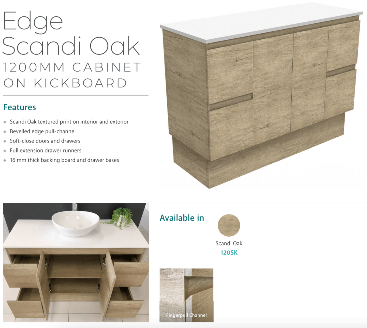 Fienza Tcl120Sk 1200Mm Dolce Edge Scandi Oak Vanity On Kickboard - Special Order Units