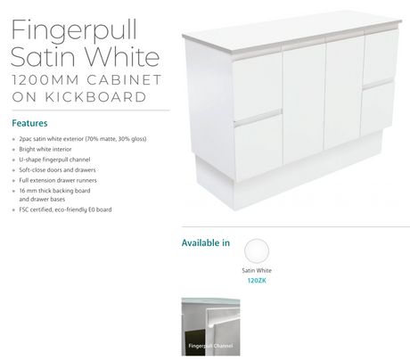 Fienza 1200Mm Tcl120Zk Dolce Fingerpull Vanity On Kickboard Matte White - Special Order Units