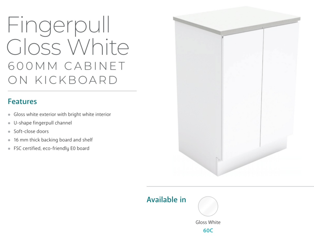 Fienza Dolce Tcl60C Fingerpull 600Mm White Vanity With Kickboard - Special Order Units