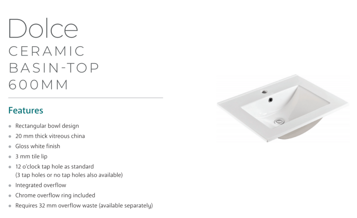 Fienza Dolce Tcl60F Fingerpull 600Mm Wall Hung White Vanity - Special Order Units