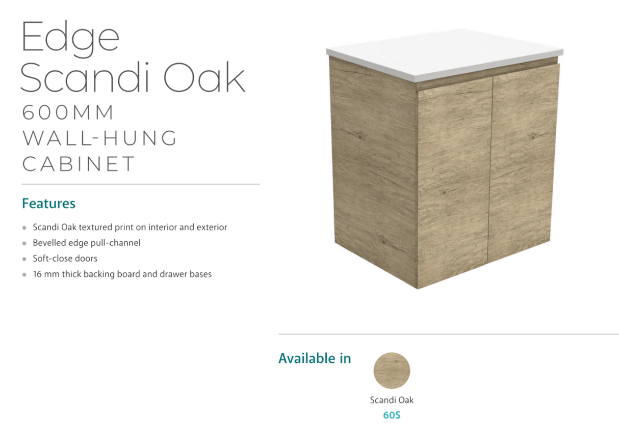 Fienza Dolce Edge Tcl60S 600Mm Scandi Oak Wall Hung Vanity - Special Order Units