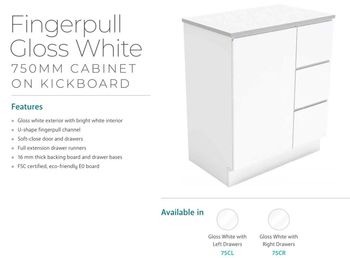 Fienza Dolce Tcl75Cl 750Mm White Fingerpull Vanity With Kickboard Left Hand Drawers - Special Order