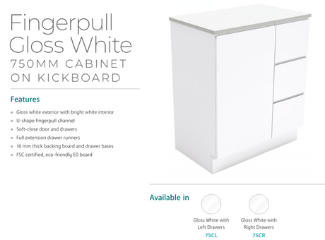 Fienza Dolce Tcl75Cl 750Mm White Fingerpull Vanity With Kickboard Left Hand Drawers - Special Order