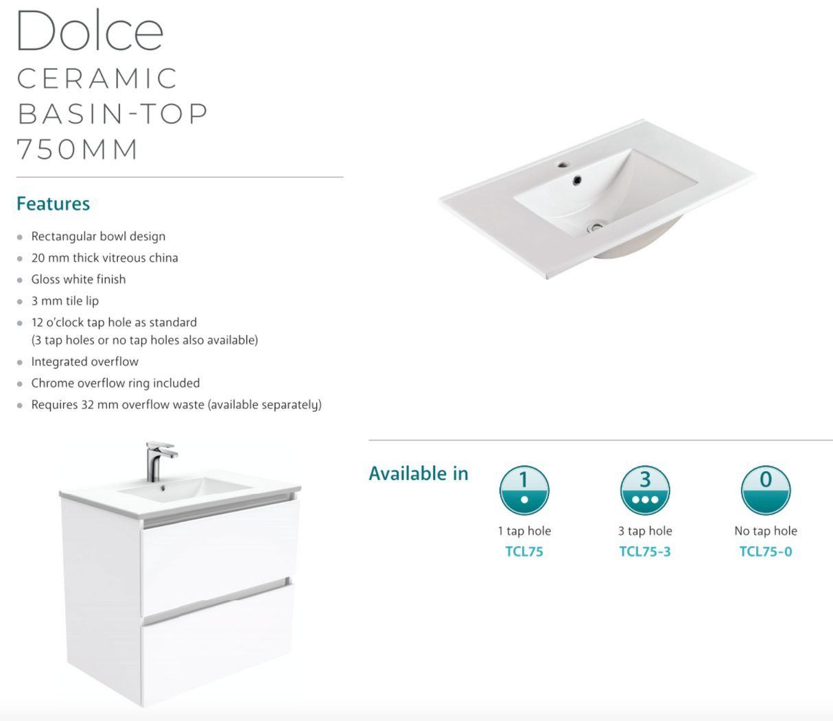 Fienza Dolce Tcl75Cl 750Mm White Fingerpull Vanity With Kickboard Left Hand Drawers - Special Order