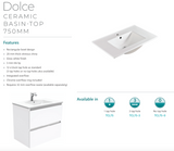 Fienza Dolce Tcl75Cl 750Mm White Fingerpull Vanity With Kickboard Left Hand Drawers - Special Order