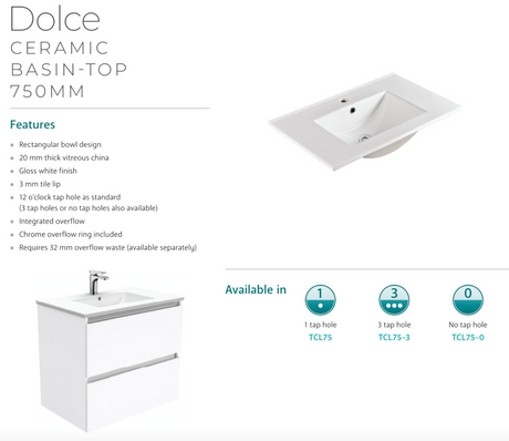 Fienza Dolce Tcl75Cl 750Mm White Fingerpull Vanity With Kickboard Left Hand Drawers - Special Order