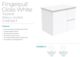Fienza Dolce Tcl75Fl 750Mm White Fingerpull Wall Hung Vanity Left Hand Drawers - Special Order Units
