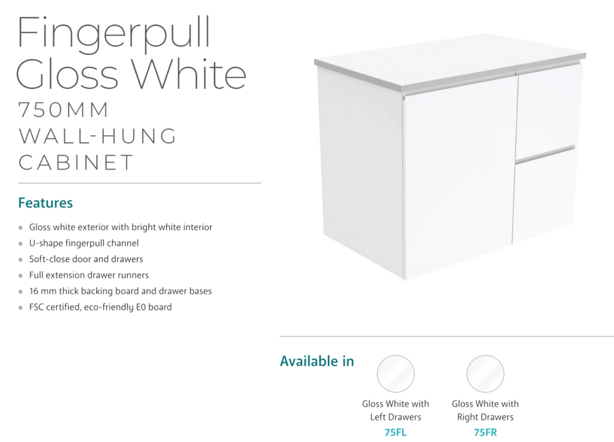Fienza Dolce Tcl75Fr 750Mm White Fingerpull Wall Hung Vanity Right Hand Drawers - Special Order