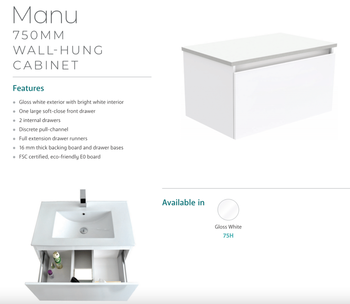 Fienza Dolce Tcl75H Manu 750Mm White Wall Hung Vanity Unit - Special Order Units