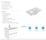 Fienza Dolce Tcl75H Manu 750Mm White Wall Hung Vanity Unit - Special Order Units