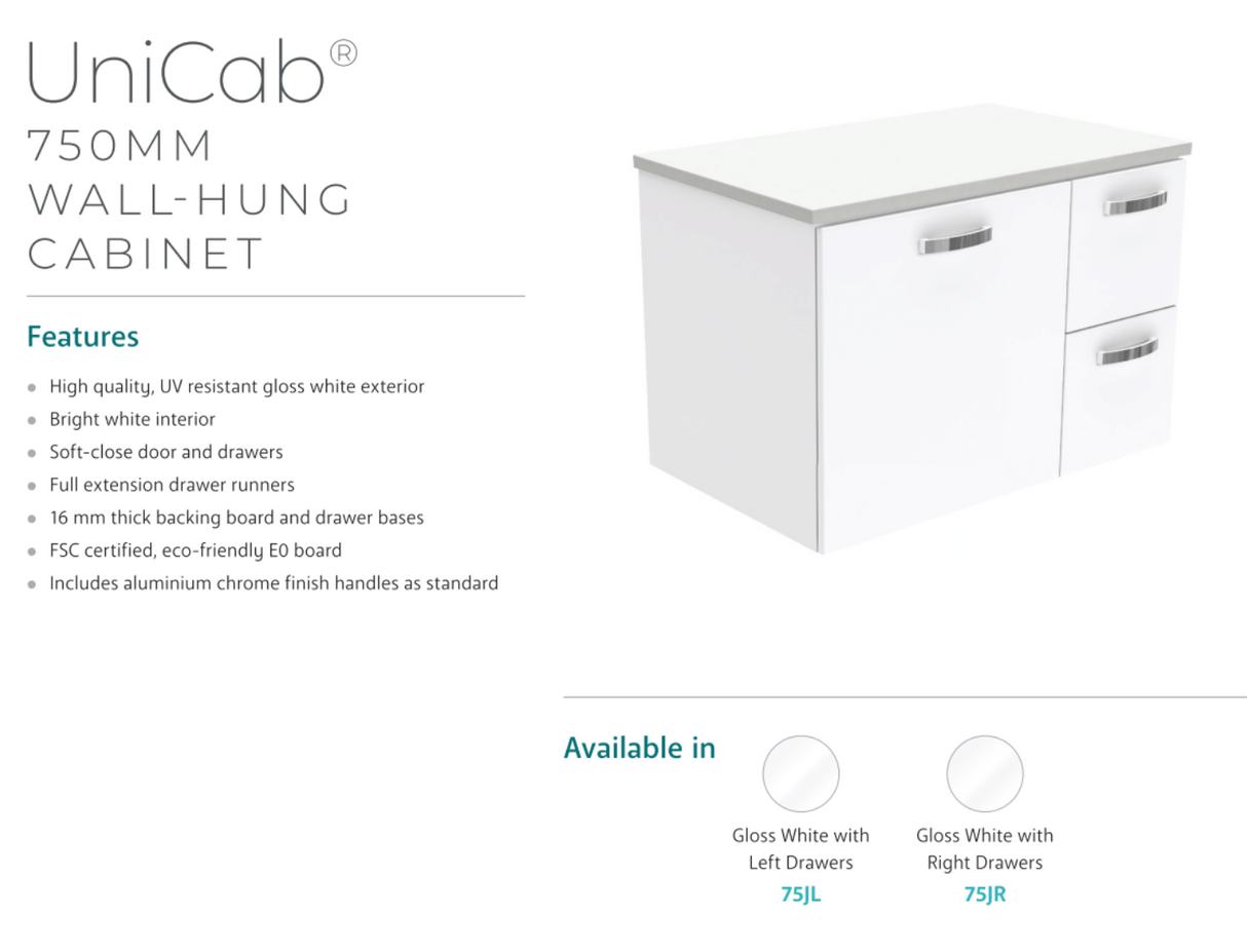 Fienza Dolce Ceramic Tcl75Jr 750Mm White Wall Hung Vanity With Handles Right Hand Drawers - Special