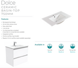 Fienza Dolce Ceramic Tcl75Jr 750Mm White Wall Hung Vanity With Handles Right Hand Drawers - Special
