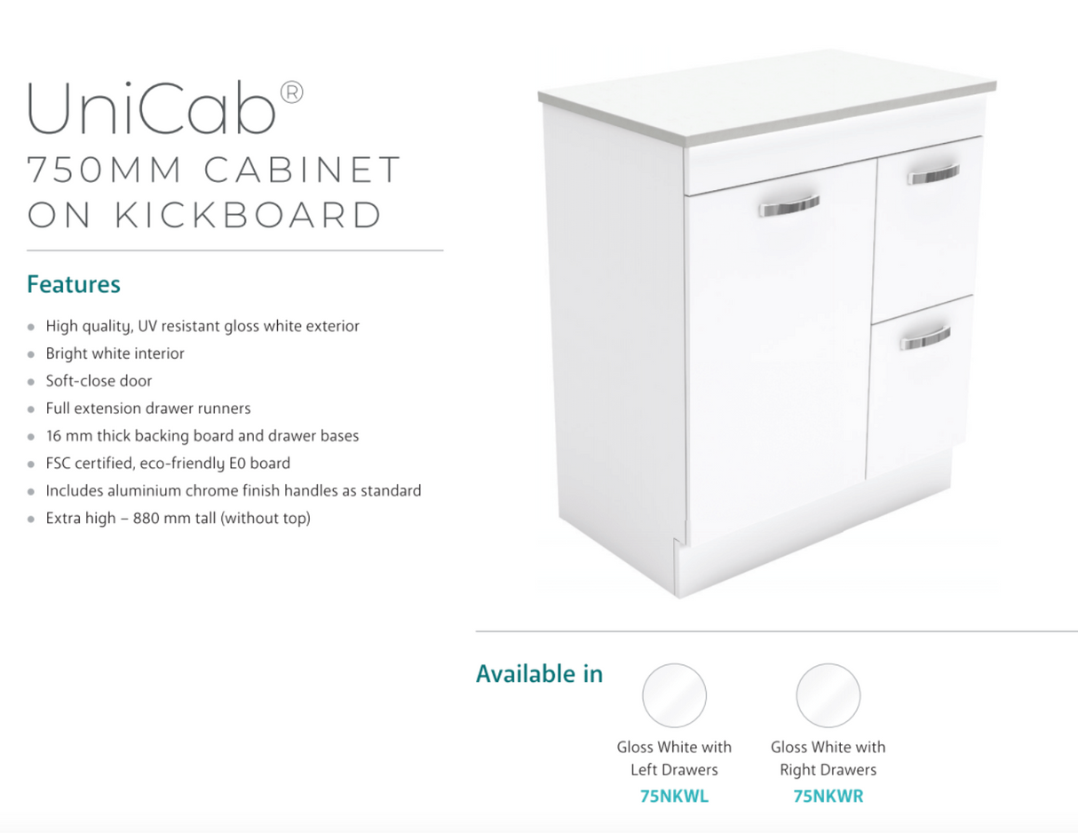 Fienza Dolce Tcl75Nkwl 750Mm White Vanity With Kicker Left Hand Drawers - Special Order Units
