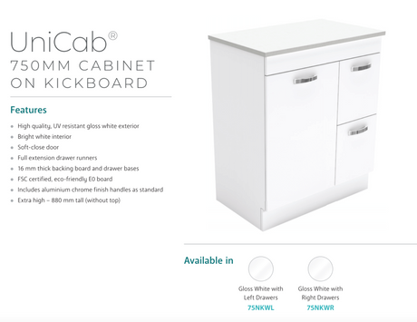 Fienza Dolce Tcl75Nkwr 750Mm White Vanity With Kicker Right Hand Drawers - Special Order Units