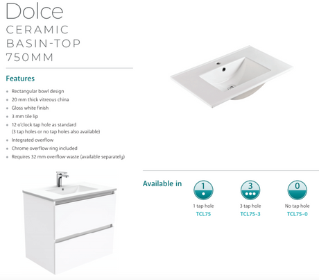Fienza Dolce Tcl75Nkwl 750Mm White Vanity With Kicker Left Hand Drawers - Special Order Units