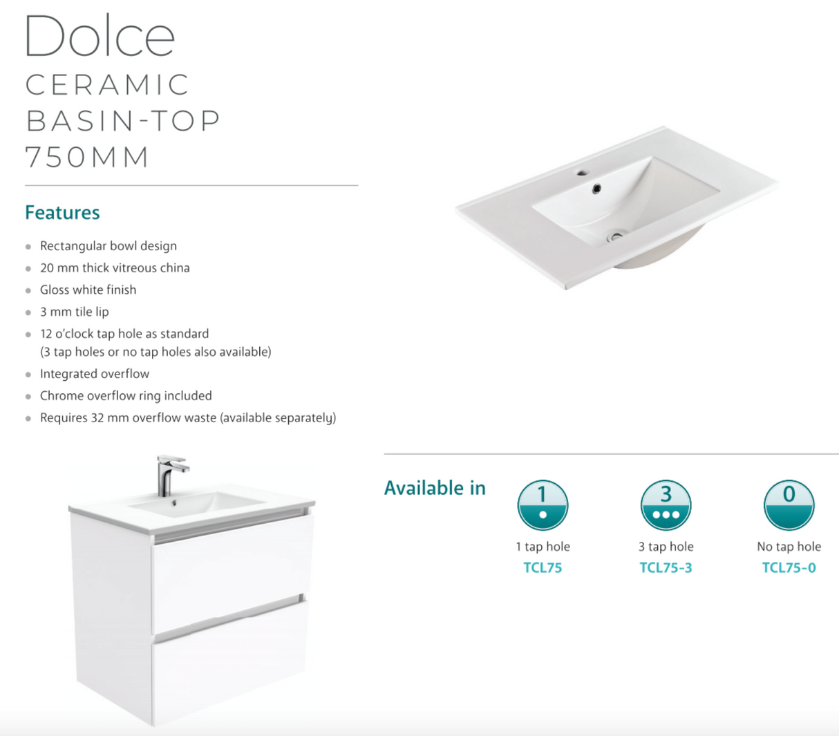 Fienza Quest Tcl75Q Manu 750Mm White Wall Hung Vanity Unit - Special Order Units