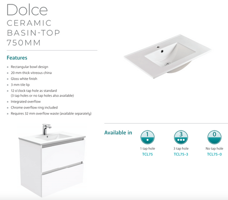 Fienza Quest Tcl75Q Manu 750Mm White Wall Hung Vanity Unit - Special Order Units