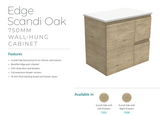 Fienza Dolce Edge Tcl75Sl Scandi Oak 750Mm Wall Hung Vanity Left Drawers - Special Order Units
