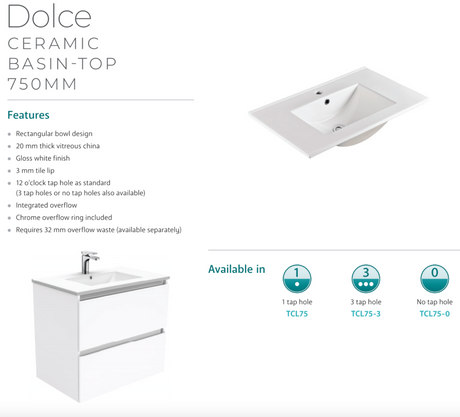 Fienza Dolce Hampton 750Mm Tcl75Tk White Vanity Unit On Kickboard - Special Order Units