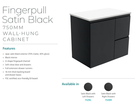 Fienza Tcl75Zbl Dolce Black 750Mm Wall Hung Vanity Left Drawers - Special Order Units