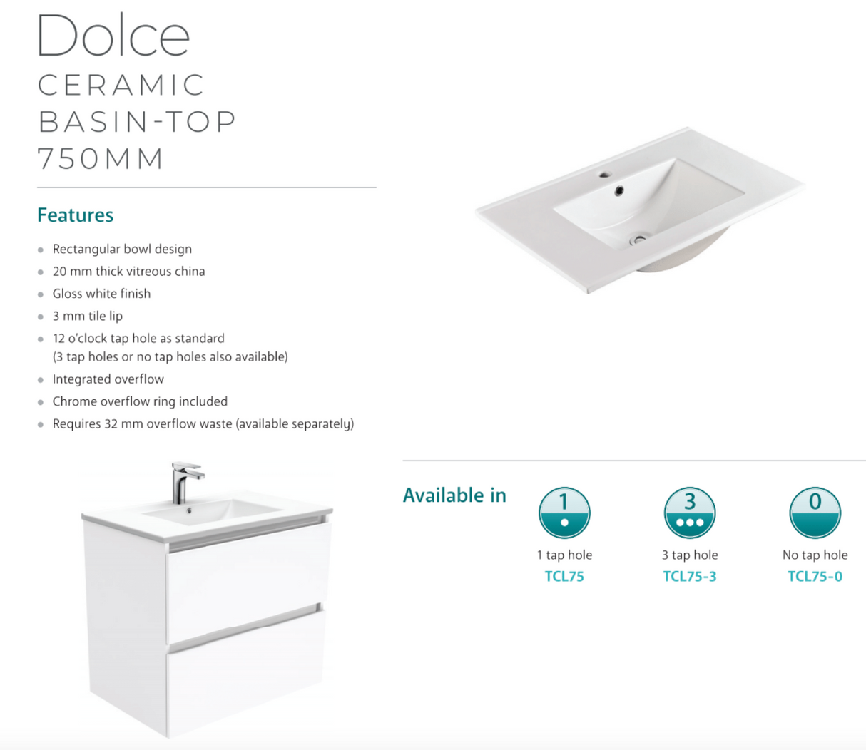 Fienza Tcl75Zbr Dolce Black 750Mm Wall Hung Vanity Right Drawers - Special Order Units