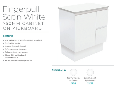 Fienza Dolce Tcl75Zkl Fingerpull Matte White 750Mm Vanity With Kickboard Left Drawers - Special