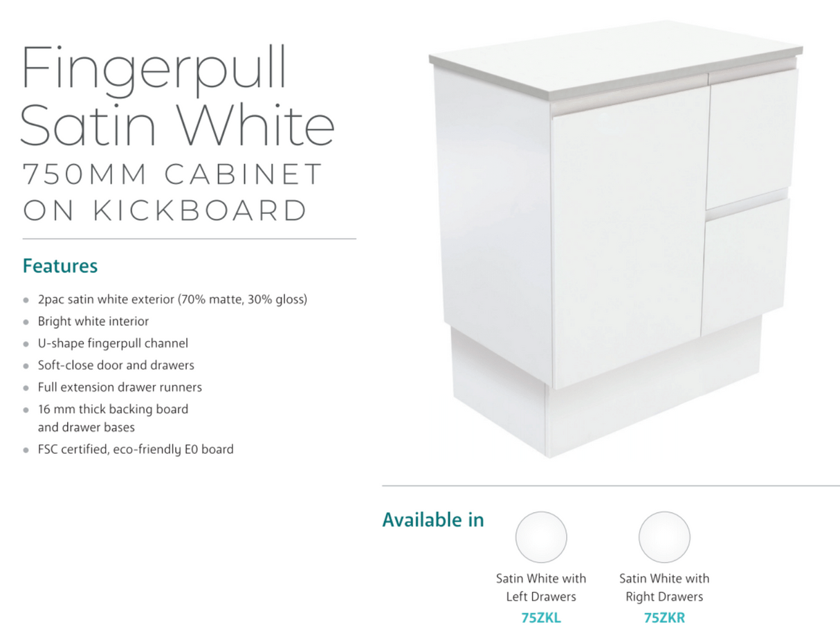 Fienza Dolce Tcl75Zkr Fingerpull Matte White 750Mm Vanity With Kickboard Right Drawers - Special