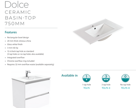 Fienza Dolce Tcl75Zkr Fingerpull Matte White 750Mm Vanity With Kickboard Right Drawers - Special