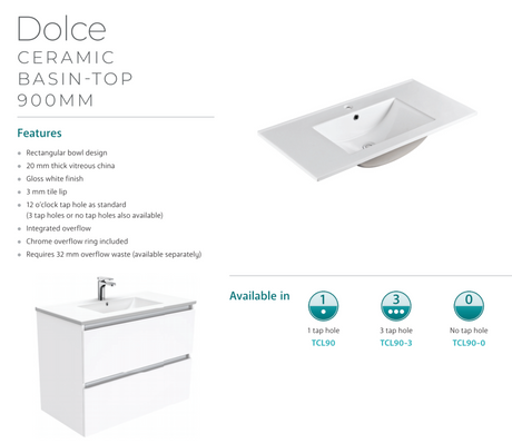 Fienza Dolce Tcl90Cl 900Mm Fingerpull White Vanity With Kickboard Left Drawers - Special Order Units