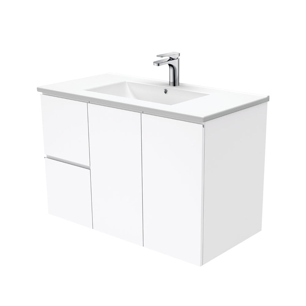 Fienza Dolce Tcl90Fl 900Mm Ceramic Wall Hung Finger Pull White Vanity One Tap Hole Left Hand Drawers