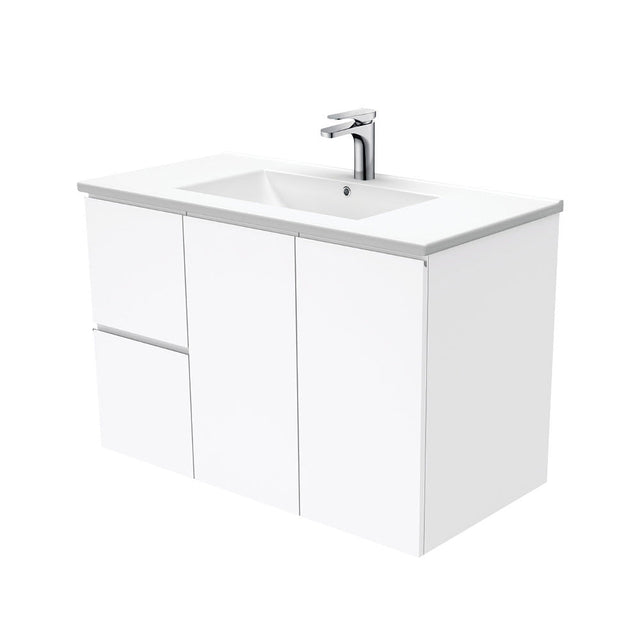 Fienza Dolce Tcl90Fl 900Mm Ceramic Wall Hung Finger Pull White Vanity One Tap Hole Left Hand Drawers