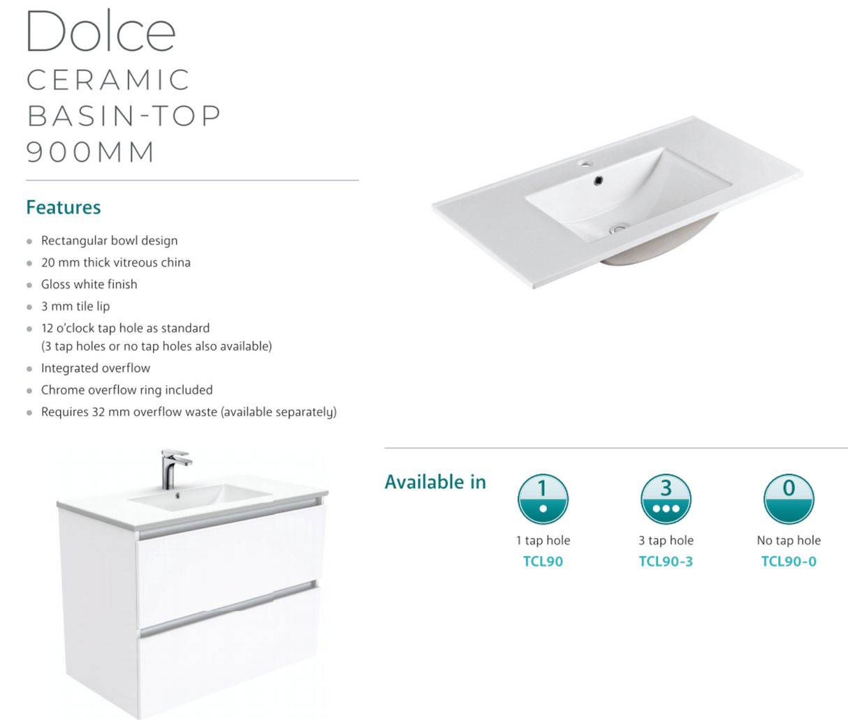 Fienza Dolce Tcl90Fr 900Mm Ceramic Wall Hung Finger Pull White Vanity One Tap Hole Right Hand