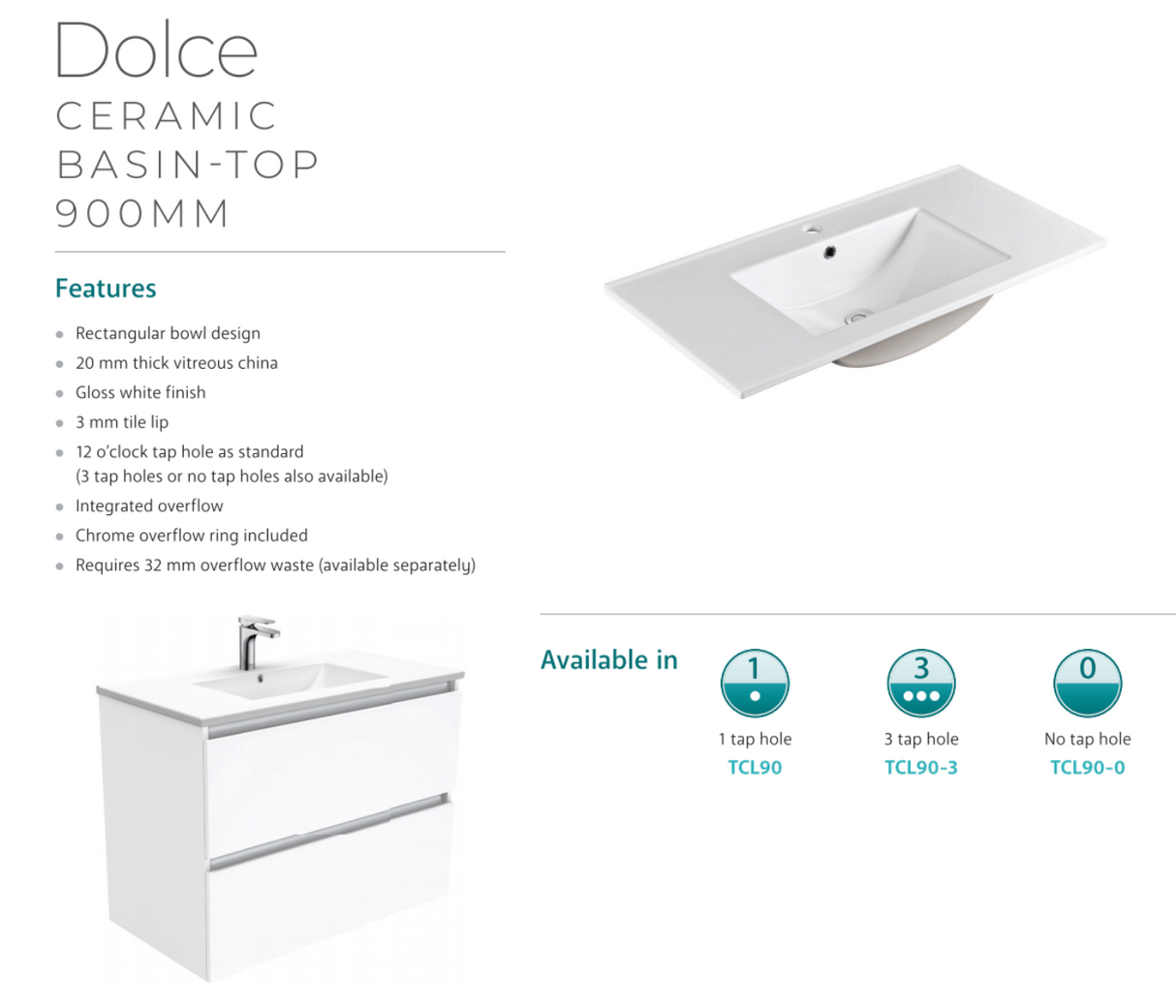 Fienza Dolce Manu Tcl90H 900Mm White Wall Hung Vanity Unit - Special Order Units