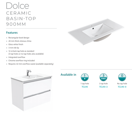 Fienza Dolce Manu Tcl90H 900Mm White Wall Hung Vanity Unit - Special Order Units