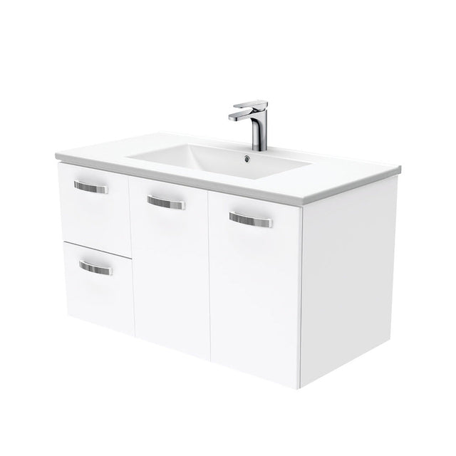 Fienza Dolce Tcl90Jl 900Mm Ceramic Wall Hung White Vanity With Handles One Tap Hole Left Hand