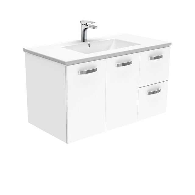 Fienza Dolce Tcl90Jr 900Mm Ceramic Wall Hung White Vanity With Handles One Tap Hole Right Hand