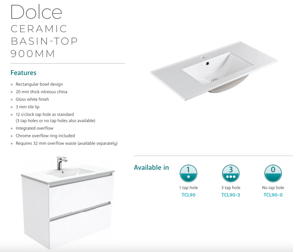 Fienza Dolce Tcl90Jl 900Mm Ceramic Wall Hung White Vanity With Handles One Tap Hole Left Hand