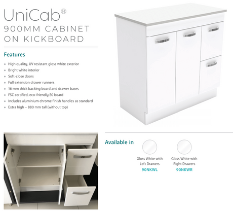 Fienza Dolce Tcl90Nkwr 900Mm White Vanity With Kicker Right Hand Drawer - Special Order Units
