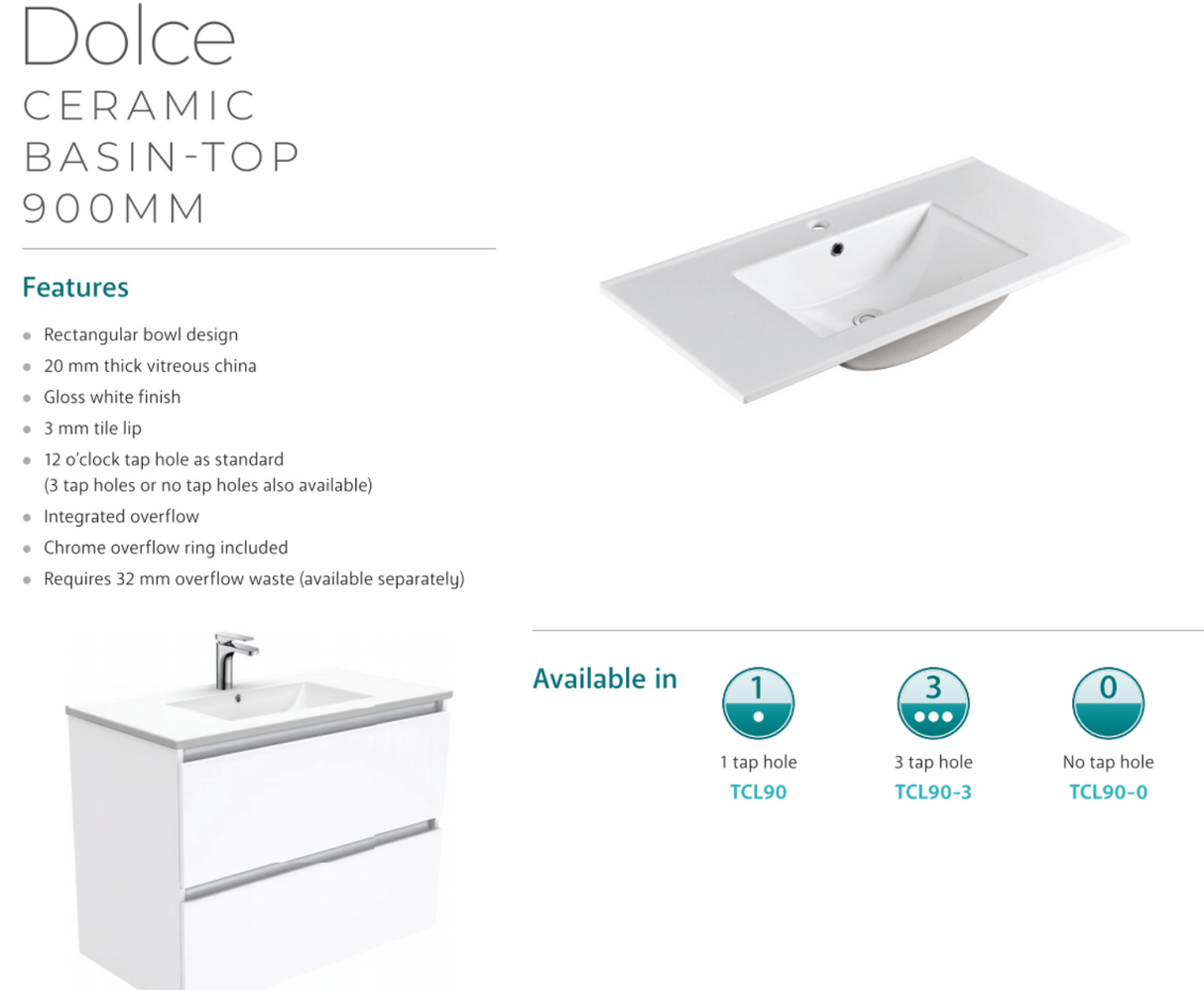 Fienza Dolce Tcl90Nkwl 900Mm White Vanity With Kicker Left Hand Drawer - Special Order Units