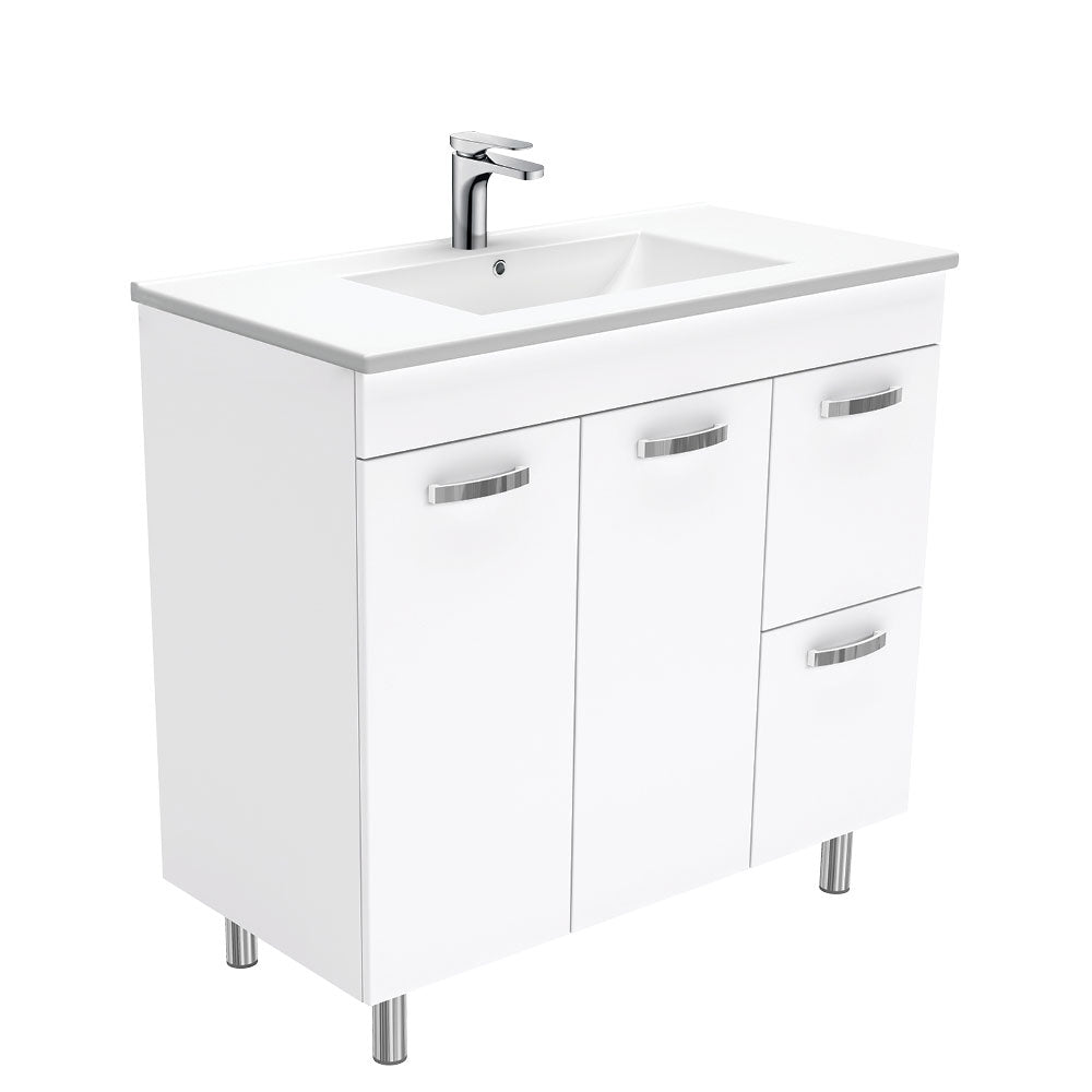Fienza TCL90NLWR 90cm Dolce Unicab Vanity On Legs, Solid Doors, Right Hand Drawers, Gloss White