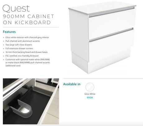 Fienza Dolce Quest 900Mm Tcl90Qk White Vanity Unit On Kickboard - Special Order Units