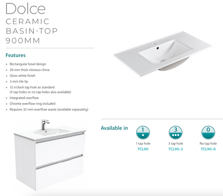 Fienza Dolce Quest 900Mm Tcl90Qk White Vanity Unit On Kickboard - Special Order Units