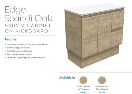 Fienza Dolce Edge Tcl90Skl 900Mm Scandi Oak Vanity With Kickboard Left Drawers - Special Order Units