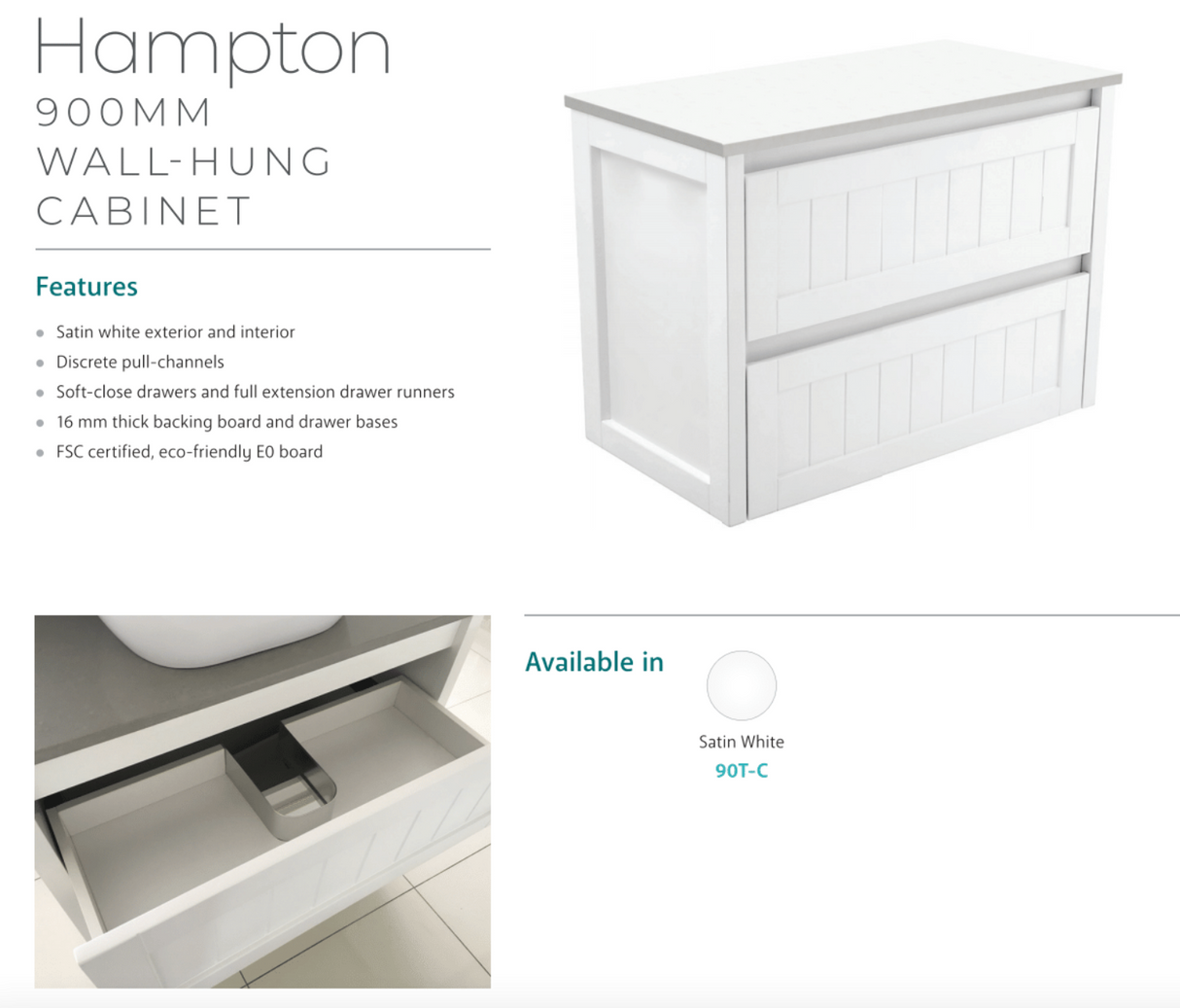 Fienza Dolce Hampton Tcl90T 900Mm White Wall Hung Vanity Unit - Special Order Units