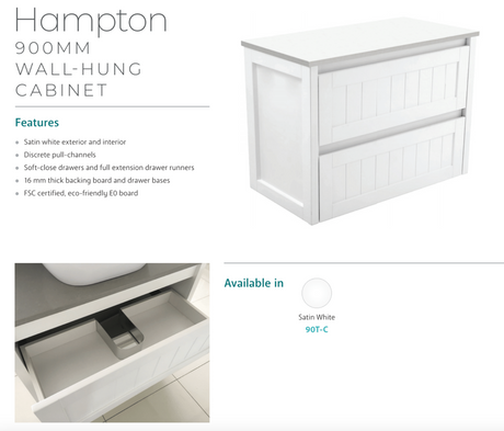Fienza Dolce Hampton Tcl90T 900Mm White Wall Hung Vanity Unit - Special Order Units